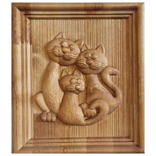 Raižytas medinis pano "Kačių šeimyna"