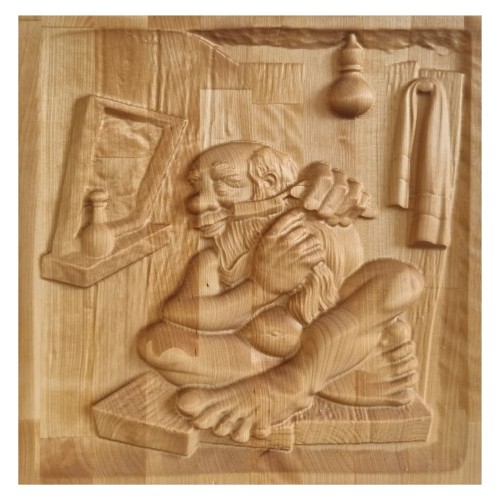 Raižytas medinis pano "Pirtyje senis — svarbiausias"