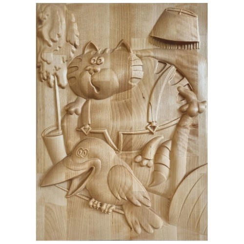 Raižytas medinis pano "Katinas ir varna"